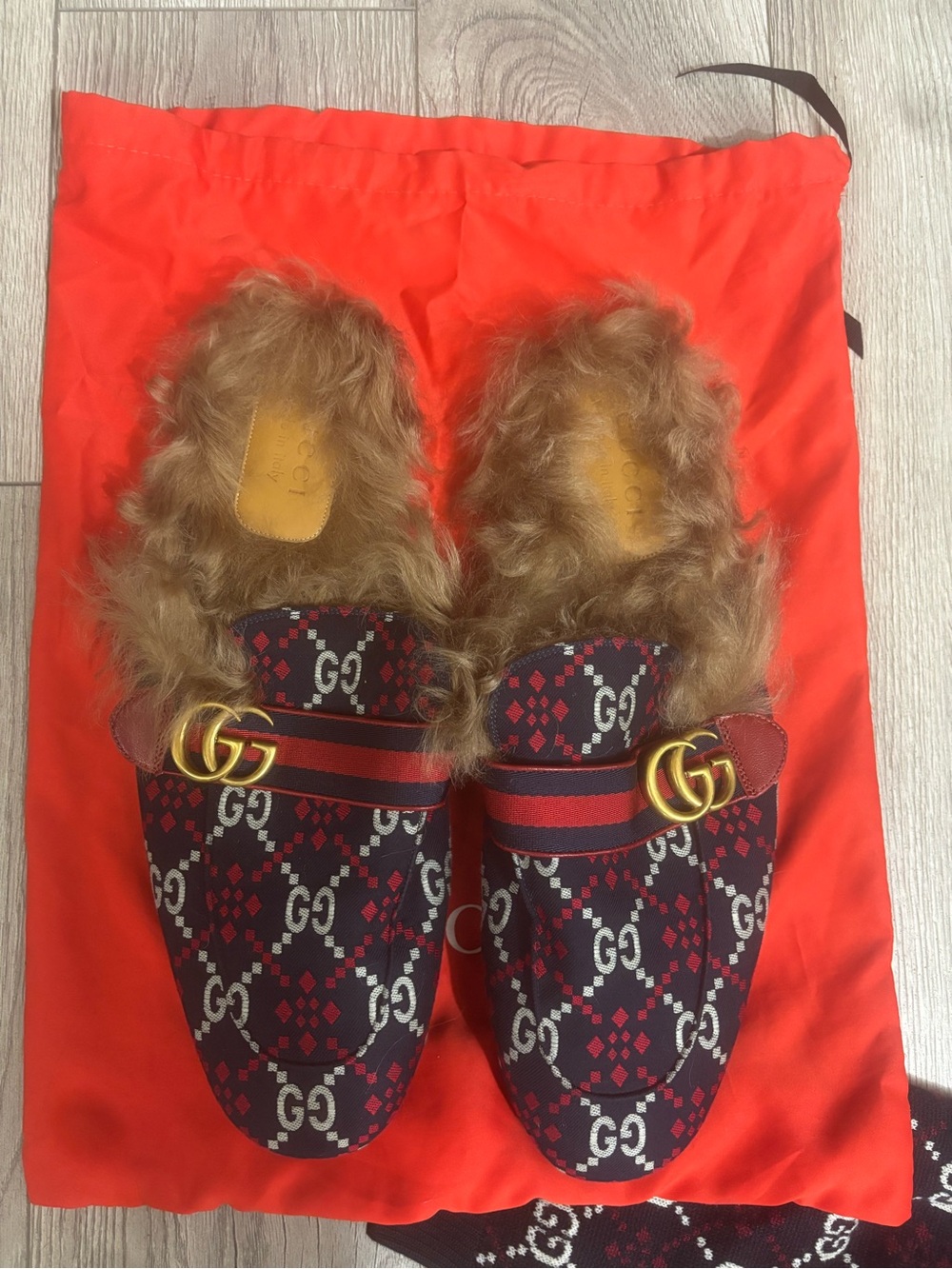 Gucci Princetown Fur-Lined GG Canvas Mules in Navy/Red